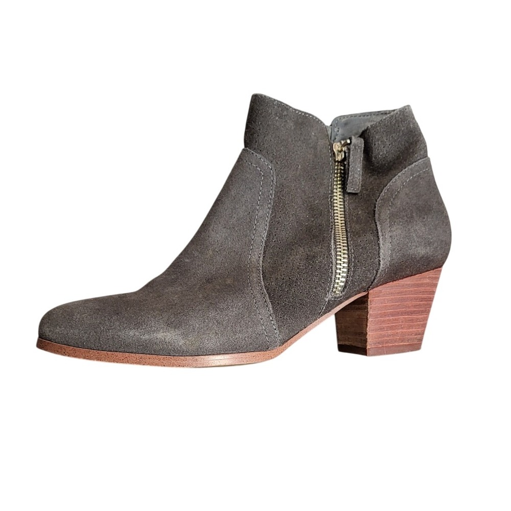 Suede Ankle Boots Taupe Olive Almond Toe Zipper Block Heel 6.5 Boho Fall Neutral